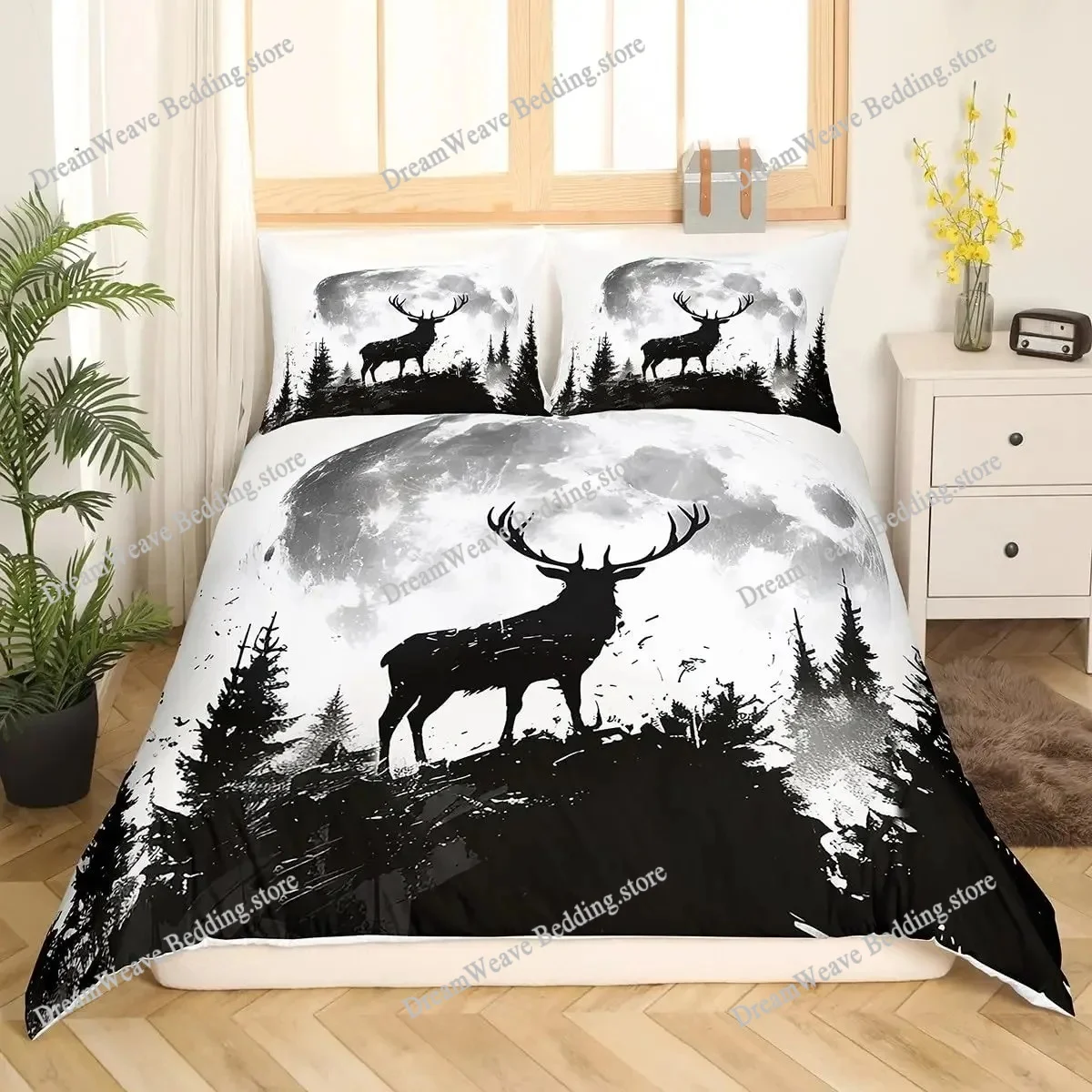 Hunting And Camping In Forest - 사슴 엘크 이불 커버 킹 퀸