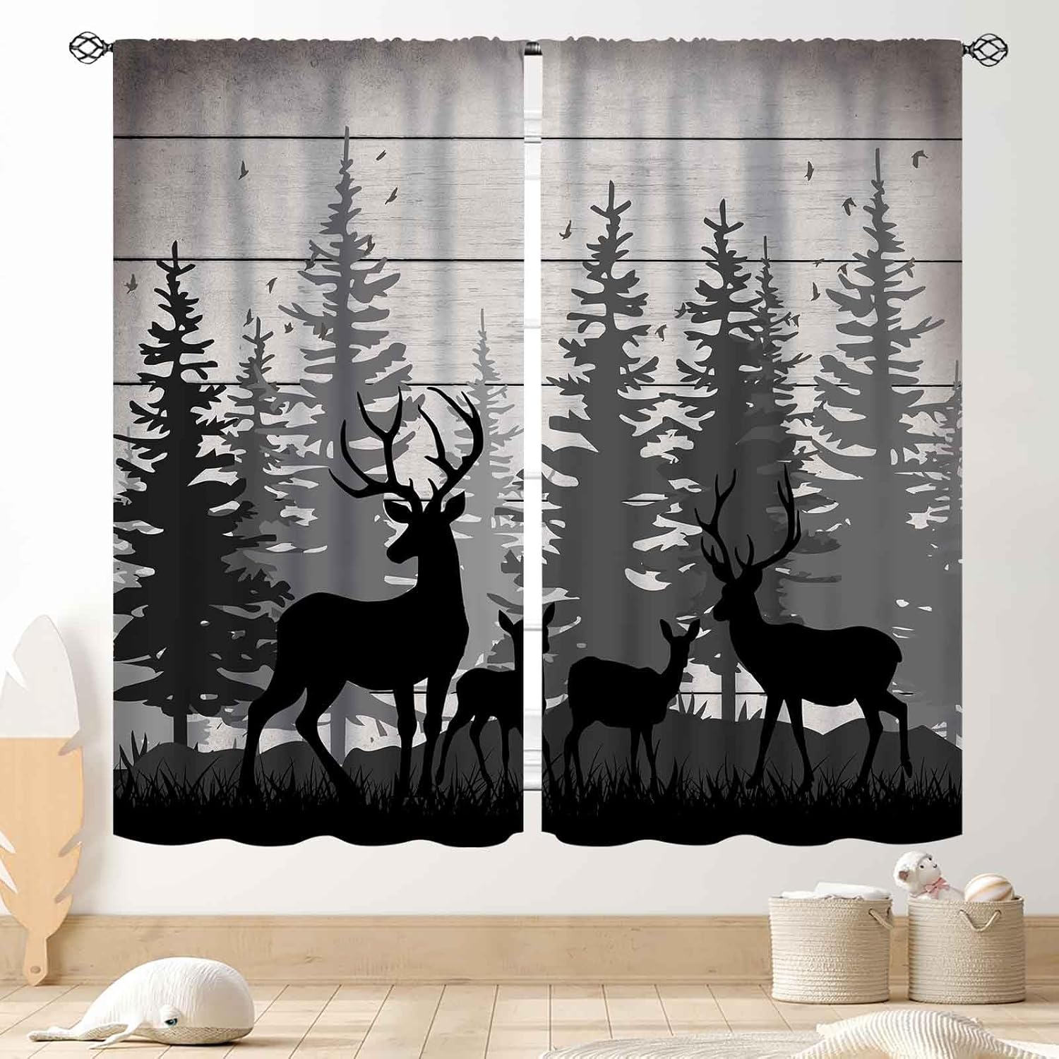 Hunting And Camping In Forest - 러스틱 사슴 커튼, 농가 숲 오두막