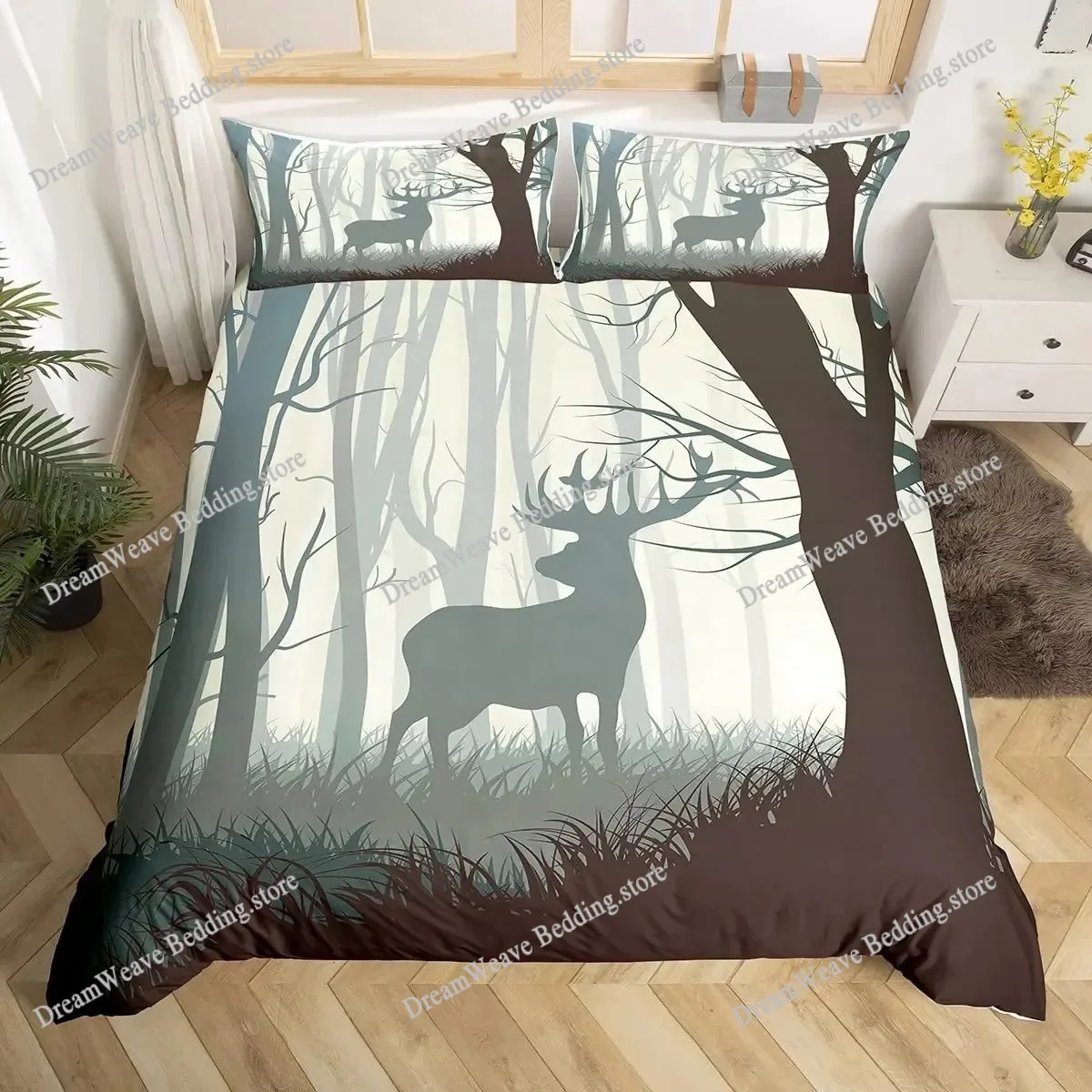 사슴 엘크 이불 커버 킹 퀸 팜 사슴 숲 이불 커버 무 - Hunting And Camping In Forest 리뷰 및 가격